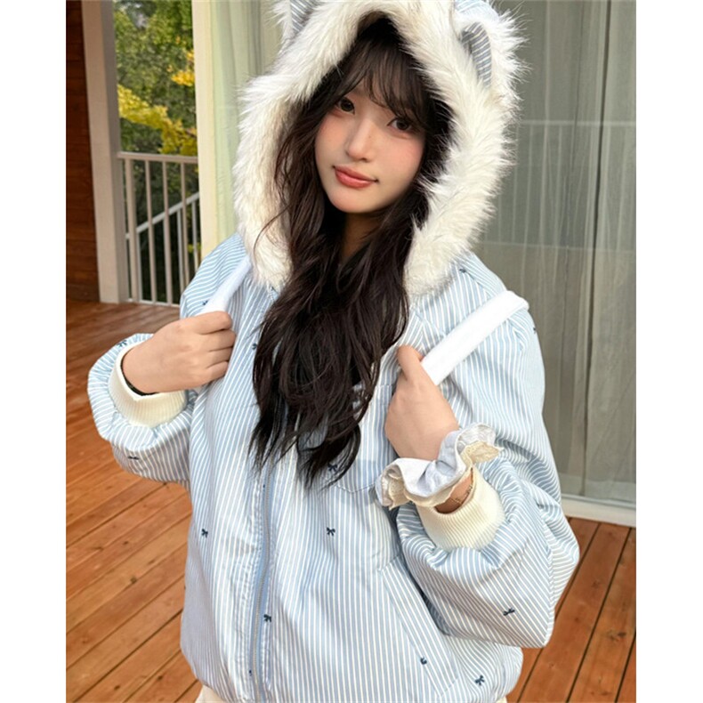 韩系可爱甜美蓝色加厚毛领连帽棉服女冬季小个子棉袄女M3623,男装棉衣,星座1116A（原606A-3）