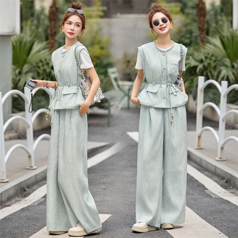 2025夏季新款时尚显瘦洋气减龄蕾丝上衣+阔腿裤套装，女装套装/套裙，伊仟回