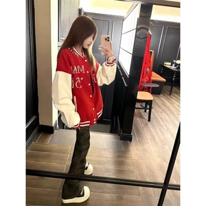春季新款钉珠毛呢棒球服美式复古潮牌嘻哈学生外套宽松夹克男女图片