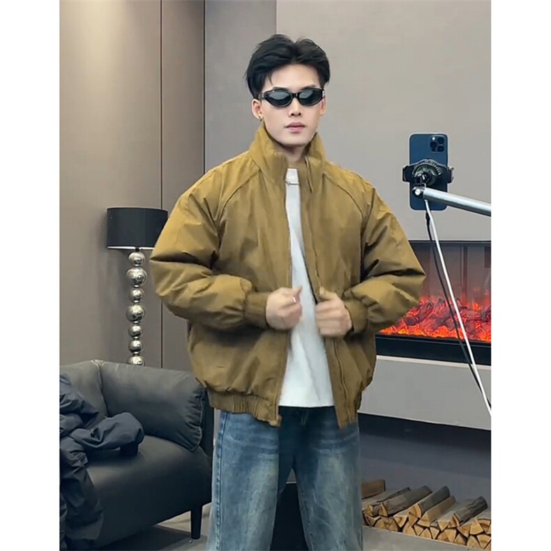 现货美式高街休闲夹克冬季三防立领纯色户外工装加厚棉服外套图片
