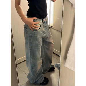 高级感cleanfit竹节纹水洗弯刀牛仔裤女美式复古百搭长裤图片