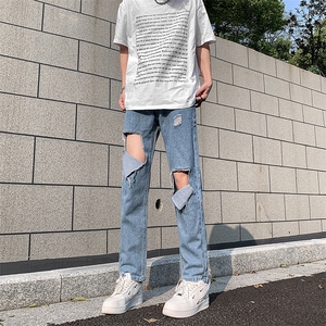 现货 夏季破洞毛边五分牛仔裤浅蓝色乞丐中裤K065-K067-P35 控58图片