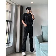 B221美式ins高街简约小众设计毛边破洞牛仔裤LK23067-P60控78，男装牛仔裤，电商B221
