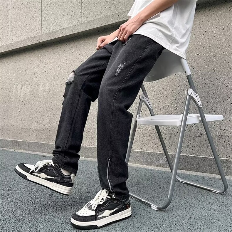 美式vibe裤子高街水洗牛仔裤男设计感小众拉链裤N728P45,男装牛仔裤,星座1116-2