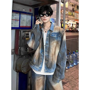 GW6609-P65 铁锈蓝短款垫肩牛仔外套男高级感痞帅工装夹克水洗图片