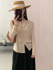 新款纯色褶皱针织开衫时尚百搭简约风，女装针织衫/毛衣，优麦羊绒（原洪叶羊绒）