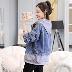 2021韩国ulzzang春秋季新款假两件拼接牛仔外套连帽女，女装短外套，潮品会