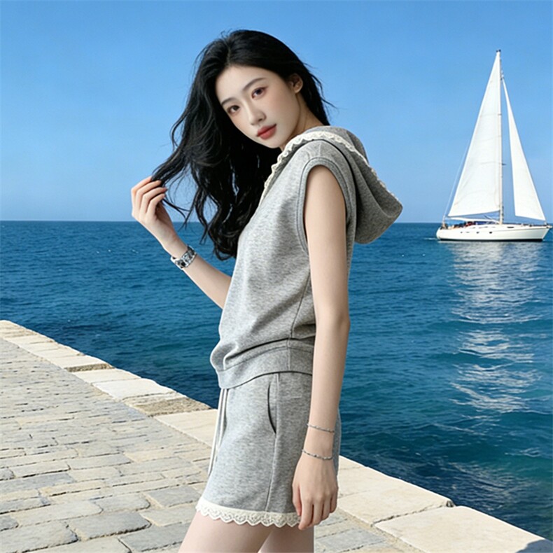 欧系潮牌时尚休闲套装女夏新款洋气减龄蕾丝连帽短袖短裤显瘦套装,女装套装/套裙,江南