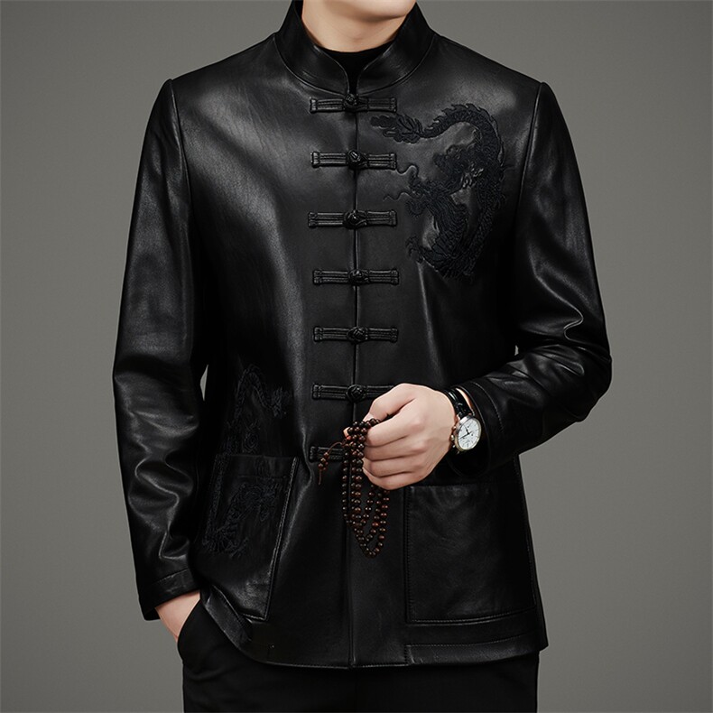 DLSN22216L皮衣男头层绵羊皮夹克立领中老年爸爸唐装P1050，男装皮衣，电商B360