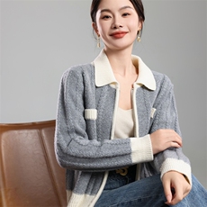 羊范秋冬款小香风羊毛开衫女翻领拉链外套短款撞色设计感上衣潮，女装羊毛衫，挚尚羊绒