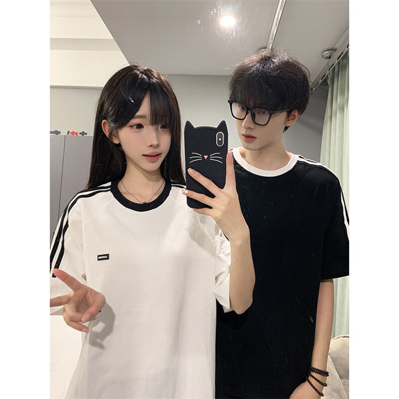 抖音得物品质夏季美式高街纯棉三条杠织带男女短袖T恤ZD588特25,男装T恤,电商A486-1