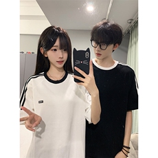 抖音得物品质夏季美式高街纯棉三条杠织带男女短袖T恤ZD588特25，男装T恤，电商A486-1