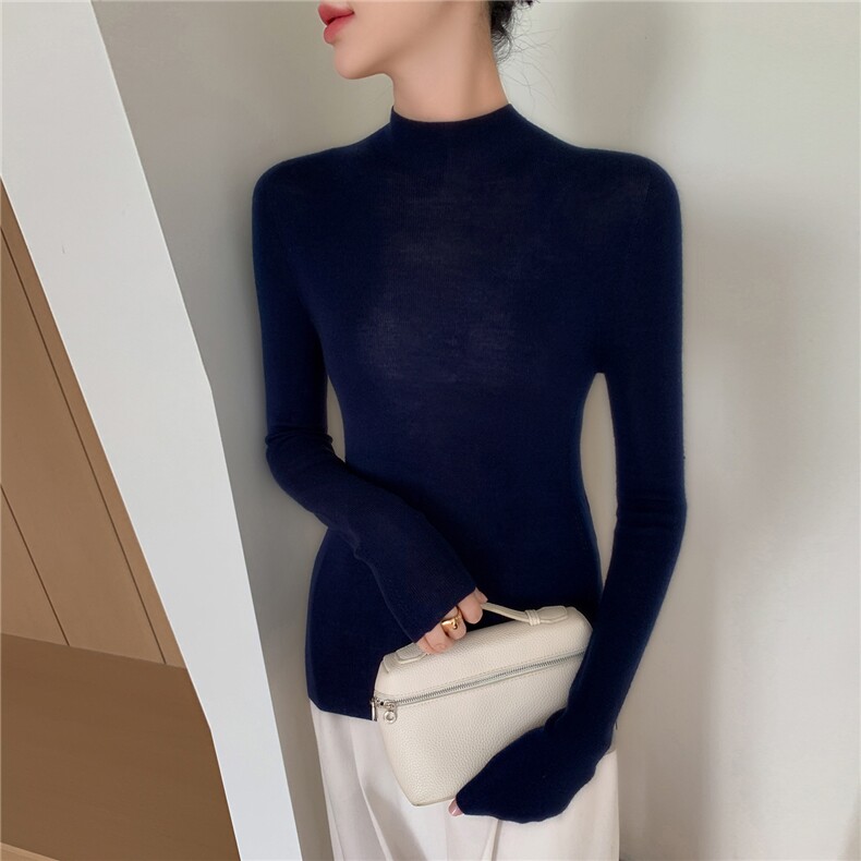 软糯无缝一体羊绒衫女半高领羊毛精纺薄款内搭打底衫修身毛衣女，女装针织衫/毛衣，暖绒情旗舰店