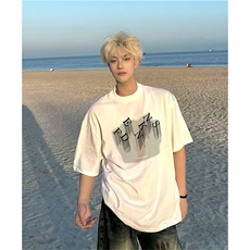抖音得物供货现货210克宽松纯棉美式潮牌印花落肩袖纯棉T恤AT2134，男装T恤，电商A443