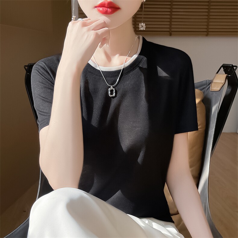 春秋短袖高档新款简约圆领薄款打底衫女t恤针织上衣,针织衫/毛衣,绒宛羊绒