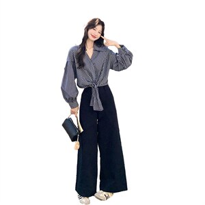 春款现货  韩式不规则格子衬衫阔腿裤套装2109 P175 K288图片