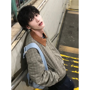 网图有货 新贵棕千鸟格灯芯绒撞色领哈灵顿夹克外套男女 A925-P65图片