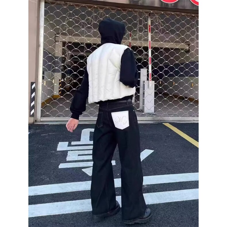 黑色牛仔裤男弯刀裤宽松直筒阔腿拖地牛仔长裤1001-1-N601-P45,男装牛仔裤,星座1001-1