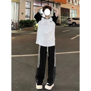AK2363-P35美式侧白边阔腿裤复古三道杠宽松休闲垂感直筒运动裤图片