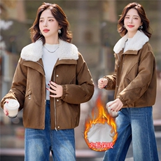 羊羔毛翻领夹棉加厚鹿皮绒外套女2025冬季新款休闲宽松超好看棉衣，女装短外套，印象茜