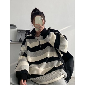 复古半拉链条纹卫衣男女春秋薄款宽松长袖上衣外套 W8805图片