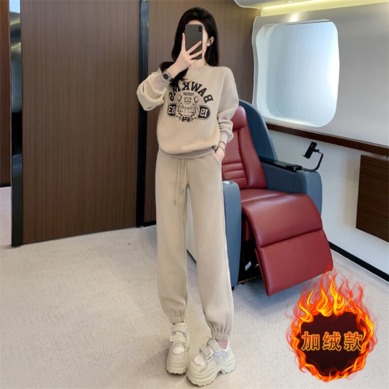 女秋冬新款欧货加绒连帽收腰卫衣休闲服两件套,女装套装/套裙,江南