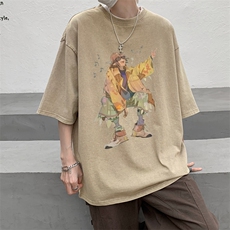潮牌宽松短袖t恤蜡染美式复古高街水洗做旧517A-2-SX241-P38，男装T恤，星座517A-2