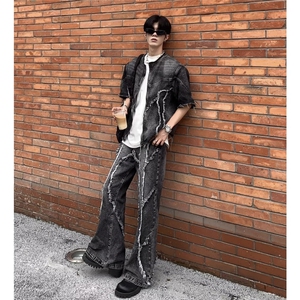 2025美式新款小众扎染水洗做旧牛仔毛边拼接微喇牛仔裤毛边图片