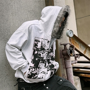 PAIKI摇滚乐队vintage印花金貉长毛领修身连帽拉链开衫卫衣外套男图片
