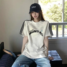 抖音得物品质二开240克宽松纯棉美式潮牌印花三条杠中性风短袖T恤，男装T恤，电商A486-1