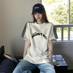 抖音得物品质二开240克宽松纯棉美式潮牌印花三条杠中性风短袖T恤