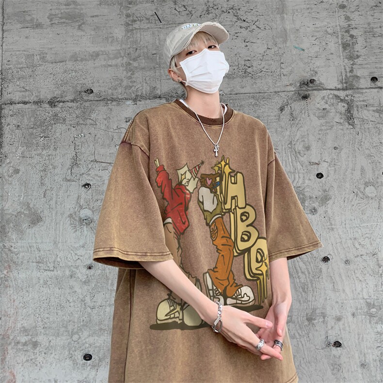 B239-1169-P38卡通人物创意印花美式复古水洗做旧重磅短袖T恤,男装T恤,星座514-2(原B239)
