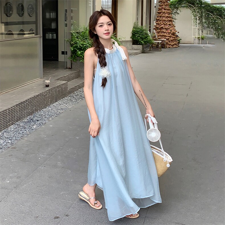 法式无袖挂脖连衣裙女2025夏季新款气质高级感绝美超仙度假风长裙,女装连衣裙,浙宝305