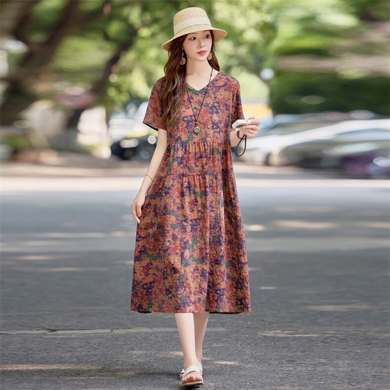 时尚休闲印花棉麻短袖连衣裙女2025夏新款简约宽松复古文艺风裙子,女装连衣裙,依万里
