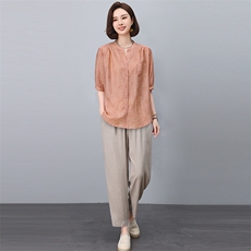 天丝衬衫套装女2025夏季新款时尚宽松中年妈妈洋气减龄亚麻两件套，女装套装/套裙，悦见她