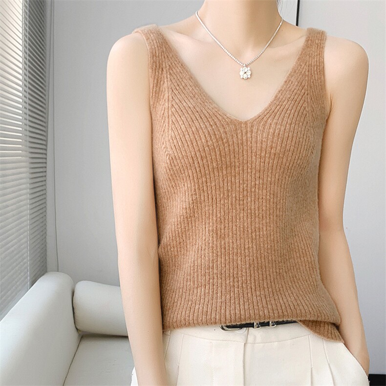 纯欲风白色针织打底背心女春夏新款百搭V领内搭无袖遮副乳小吊带，女装背心吊带，北娇羊绒