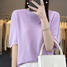 新款简约亲肤针织圆领圆圈针织短袖基础百搭，女装针织衫/毛衣，欣美羊绒