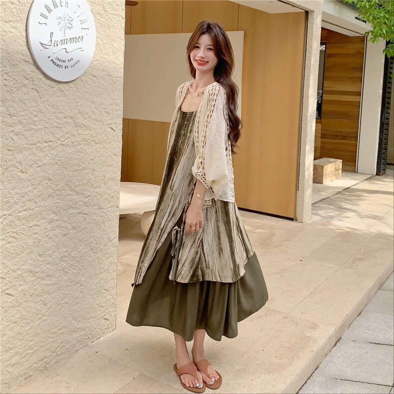 复古扎染吊带连衣裙套装女2025夏季新款慵懒度假风开衫长裙两件套图片