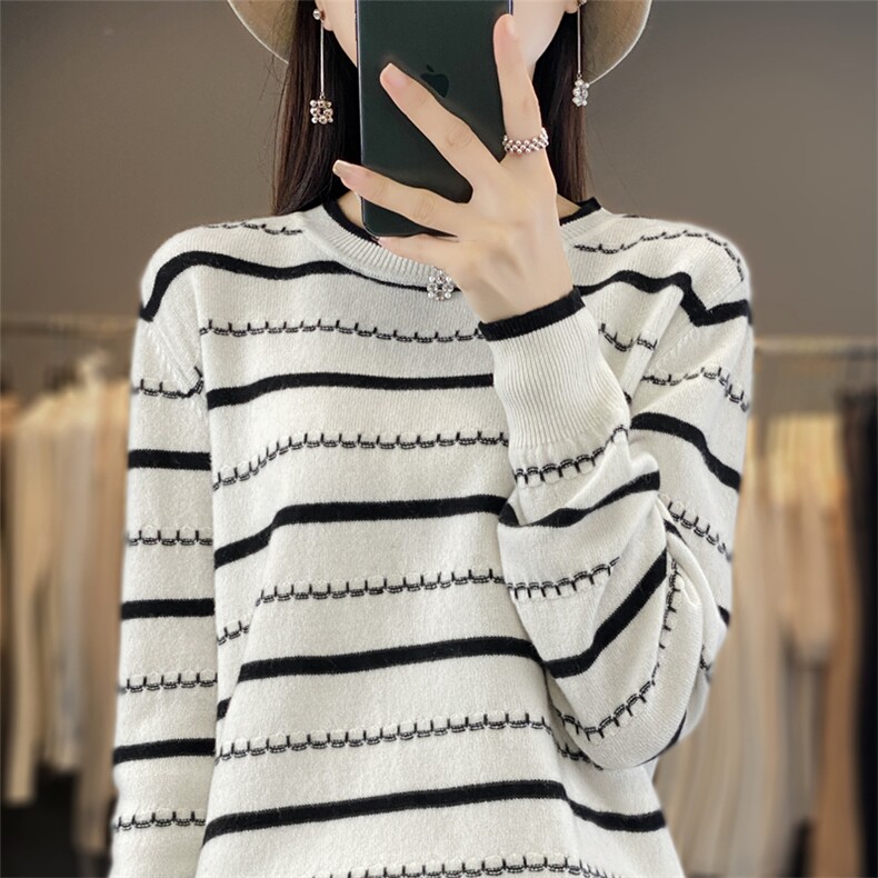 春秋新款纯棉条纹低圆领打底衫女宽松内搭韩版毛衣显瘦针织上衣,针织衫/毛衣,斯美雅电商供货