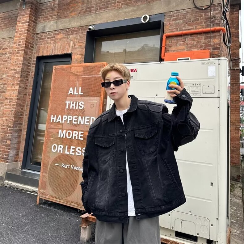 2024年高街美式设计感破洞定制机车牛仔外套盔甲男潮流夹克，男装夹克，星座716-3