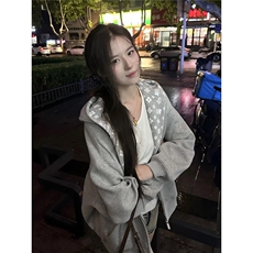 美式灰色连帽开衫卫衣男女2025新款秋冬复古宽松休闲运动拉链外套，女装短外套，星座506A