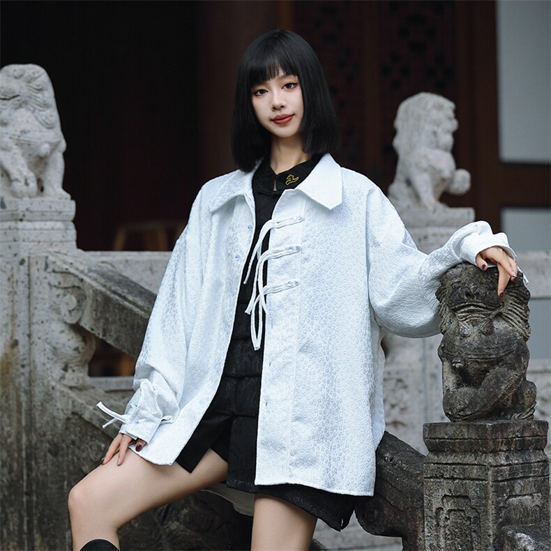 中性文艺新中式原创宽松设计衬衣手工扣森系提花长袖衬衫30511,男装衬衫,星座305A（原312A-1）