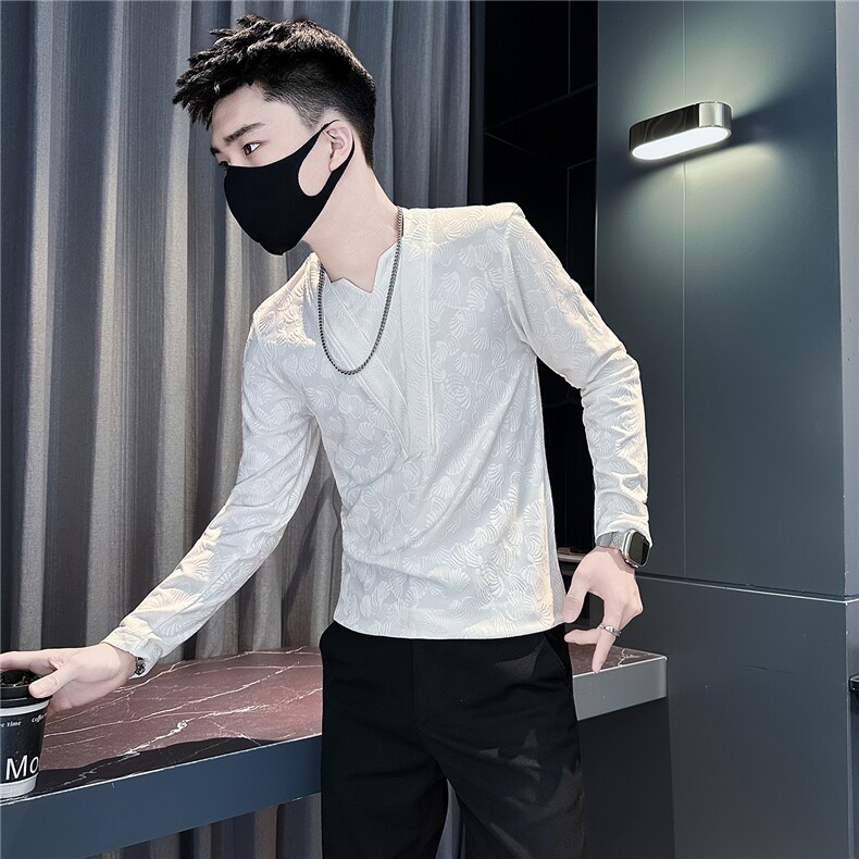 设计感V领提花长袖体恤男社会小伙店主风301C-CT09P58控78图片