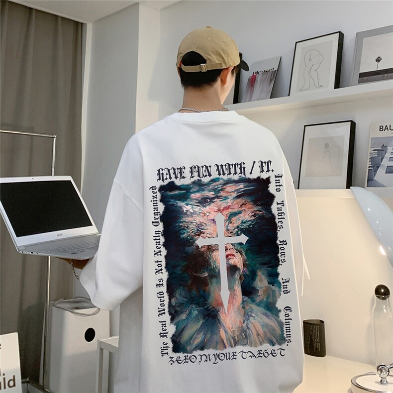 港风23新款夏季时尚百搭宽松圆领印花纯棉短袖T恤T6093P25控38,男装T恤,电商A268A