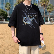 2025港风夏季纯棉宽松男圆领230克重磅纯棉短袖T恤-T014-P20，男装T恤，星座310B