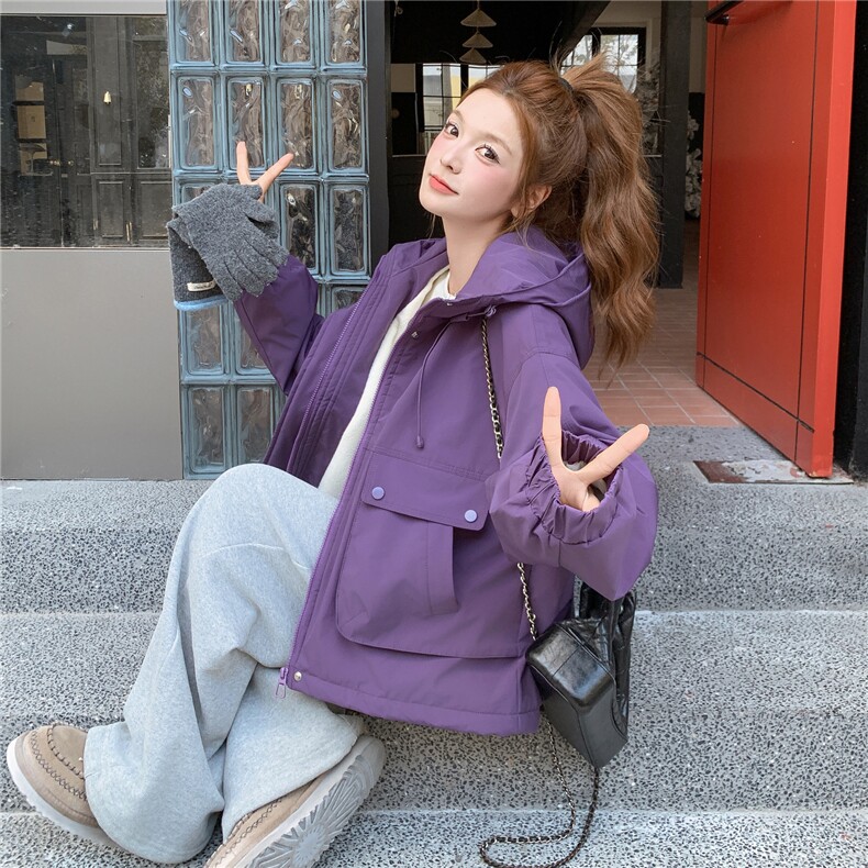 紫色设计感冲锋衣派克服羽绒棉服女冬季2025新款加厚加绒棉袄棉衣图片