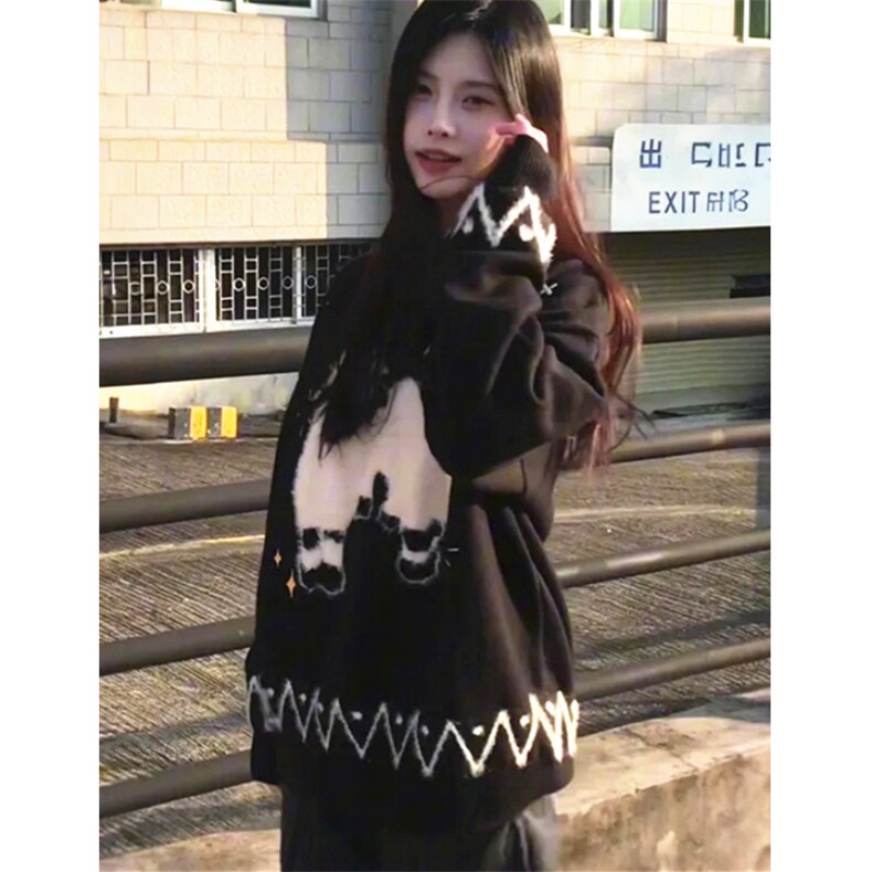 气质卡通小羊提花黑色毛衣女秋冬季宽松显瘦圆领针织衫M3302,男装针织衫/毛衣,星座1116A（原606A-3）