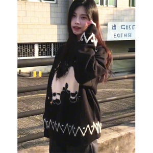 气质卡通小羊提花黑色毛衣女秋冬季宽松显瘦圆领针织衫 M3302图片