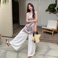新中式国风盘扣印花上衣套装女2025夏季新款休闲显瘦阔腿裤两件套，女装套装/套裙，2C232