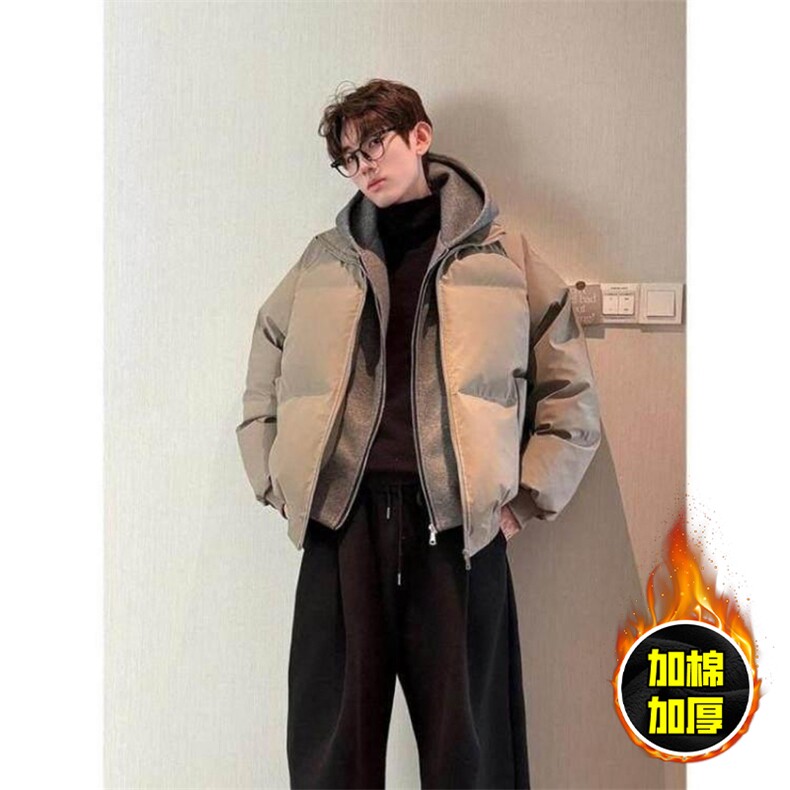 现货高品质重磅工艺美式高街假两件PU皮棉衣男女加厚棉服外套,男装棉衣,电商A443
